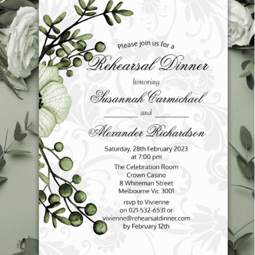 Rustic Green Bouquet and Damask Rehearsal Dinner Invitation