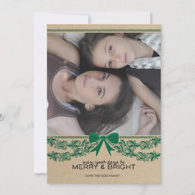 Rustic Green Bow & Garland Holiday Photo Card (Front)