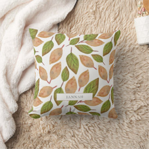 Rustic Green & Brown Fall Leaves Autumn Name Throw Pillow