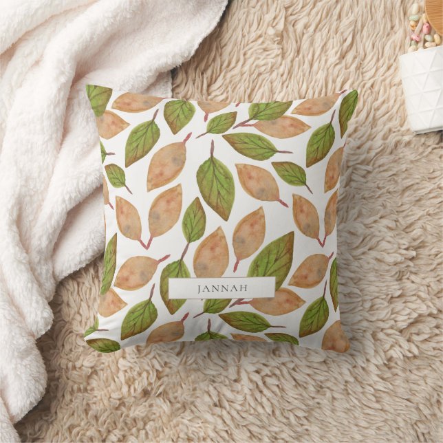 Rustic Green & Brown Fall Leaves Autumn Name Throw Pillow (Blanket)