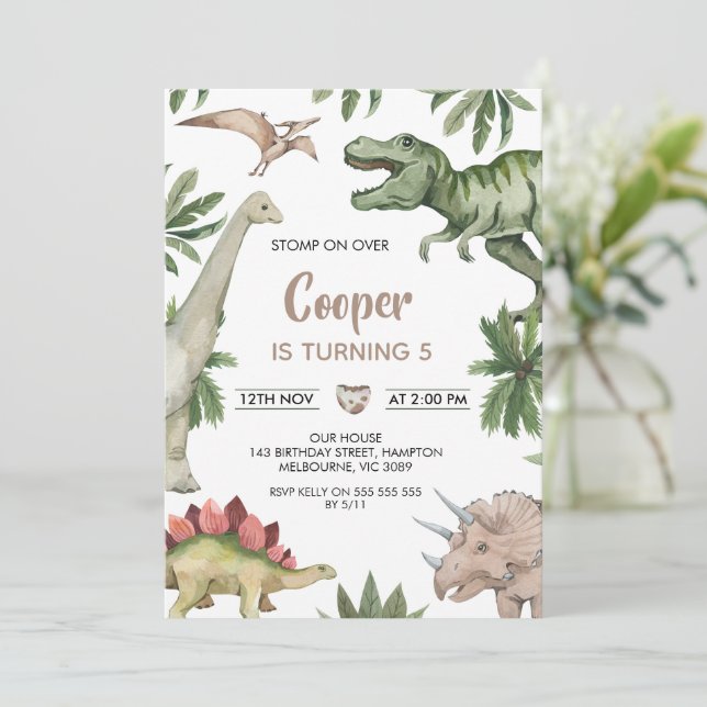 Rustic Green Brown Stomp On Over Dinosaur Birthday Invitation (Standing Front)