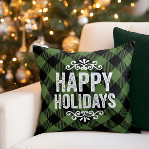 Rustic Green Buffalo Check Happy Holidays Throw Pillow