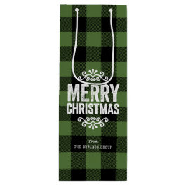 Rustic Green Buffalo Check Personalized Christmas Wine Gift Bag