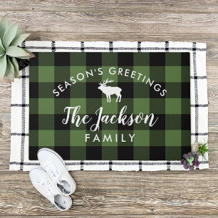 Rustic Green Buffalo Check Personalized Holiday Doormat