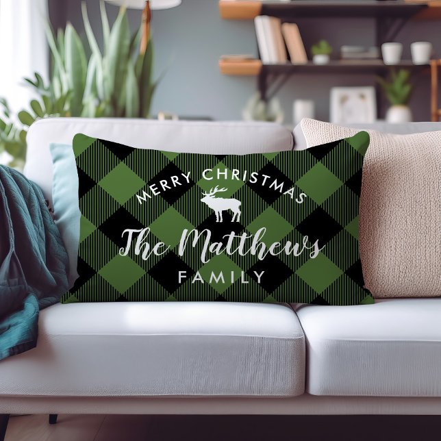 Rustic Green Buffalo Check Reindeer Monogram Lumbar Pillow (Creator Uploaded)