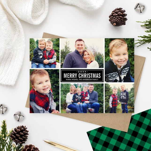 Rustic Green Buffalo Plaid 6 Photo Merry Christmas Holiday Card (Creator Uploaded)
