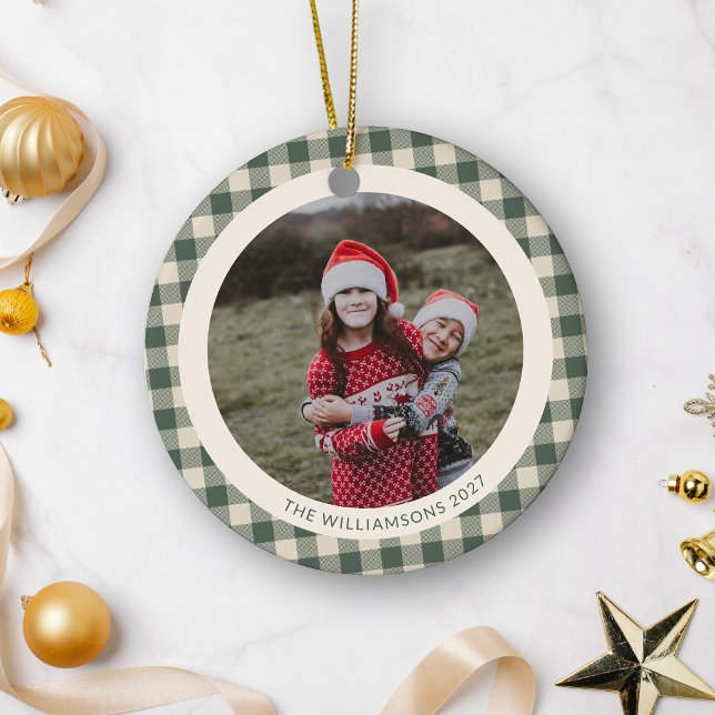 Rustic Green Buffalo Plaid Christmas Family Photo Ceramic Ornament (Creator Uploaded)