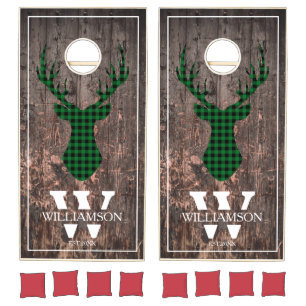 Rustic Green Buffalo Plaid Deer Head Silhouette Cornhole Set