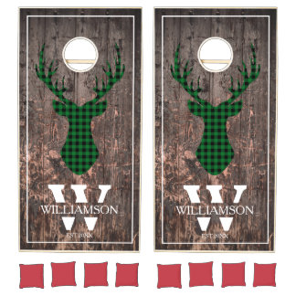 Rustic Green Buffalo Plaid Deer Head Silhouette Cornhole Set