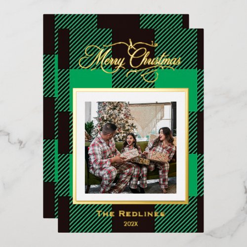 Rustic Green Buffalo Plaid Foil Photo Family Holiday Card