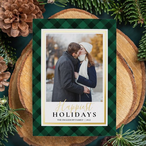 Rustic Green Buffalo Plaid Happiest Holidays Photo Foil Holiday Card
