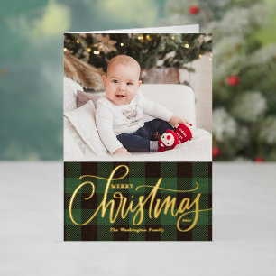 Rustic Green Buffalo Plaid Merry Christmas Photo Foil Holiday Card