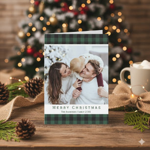 Rustic Green Buffalo Plaid Merry Christmas Photo Holiday Card