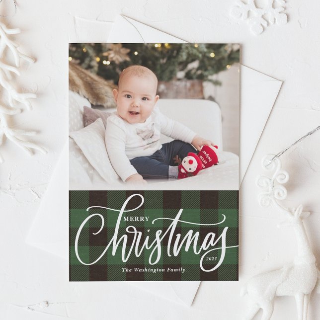 Rustic Green Buffalo Plaid Merry Christmas Photo Holiday Card (Creator Uploaded)
