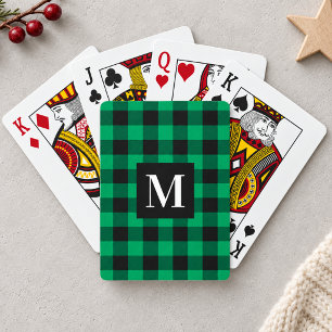 Rustic Green Buffalo Plaid Monogram Photo Poker Cards