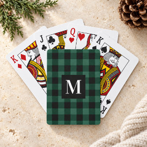 Rustic Green Buffalo Plaid Monogram Photo Poker Cards