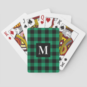 Rustic Green Buffalo Plaid Monogram Photo Poker Cards