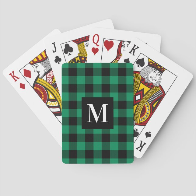 Rustic Green Buffalo Plaid Monogram Photo Poker Cards (Back)