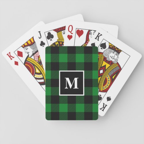 Rustic Green Buffalo Plaid Monogram Poker Cards