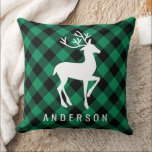 Rustic Green Buffalo Plaid Reindeer Monogram Throw Pillow<br><div class="desc">Square holiday accent pillow features a family monogram of your last name (or other text) with a rustic green and black check plaid buffalo patterned frame and white reindeer silhouette.</div>