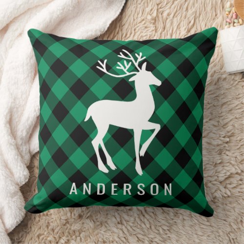 Rustic Green Buffalo Plaid Reindeer Monogram Throw Pillow