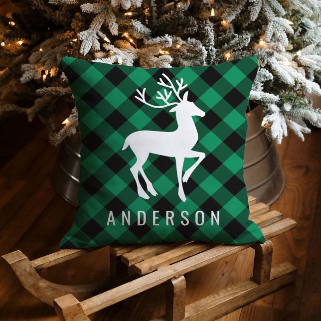 Rustic Green Buffalo Plaid Reindeer Monogram Throw Pillow (Creator Uploaded)