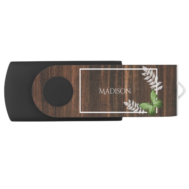 Rustic Green Butterfly Personalized Flash Drive (Front)