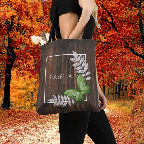 Rustic Green Butterfly Personalized Tote Bag