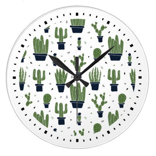 Rustic Green Cactus Desert Pattern Large Clock