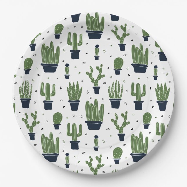 Rustic Green Cactus Desert Pattern Paper Plates (Front)