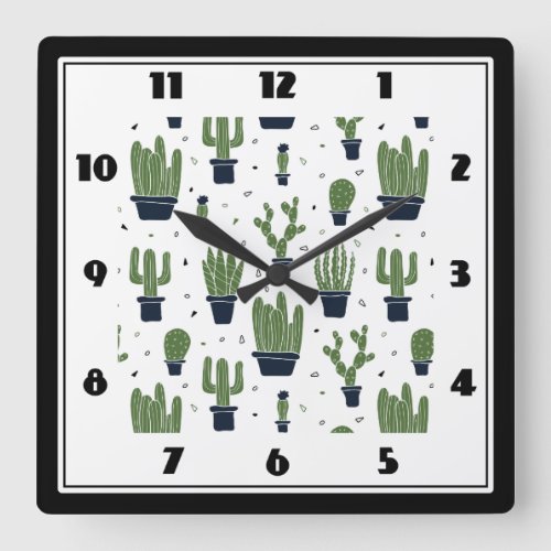 Rustic Green Cactus Desert Pattern Square Wall Clock