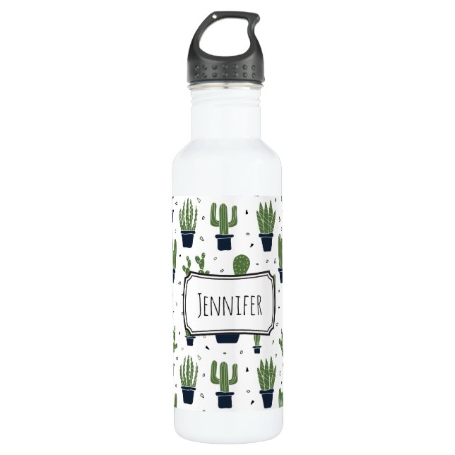 Rustic Green Cactus Desert Pattern Stainless Steel Water Bottle (Front)