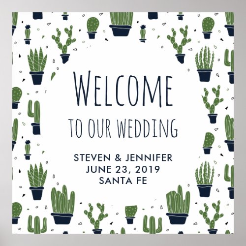 Rustic Green Cactus Desert Pattern Wedding Welcome Poster