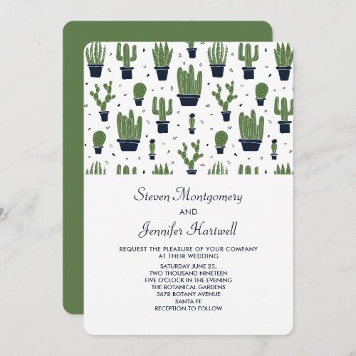 Rustic Green Cactus in Flower Pots Pattern Wedding Invitation