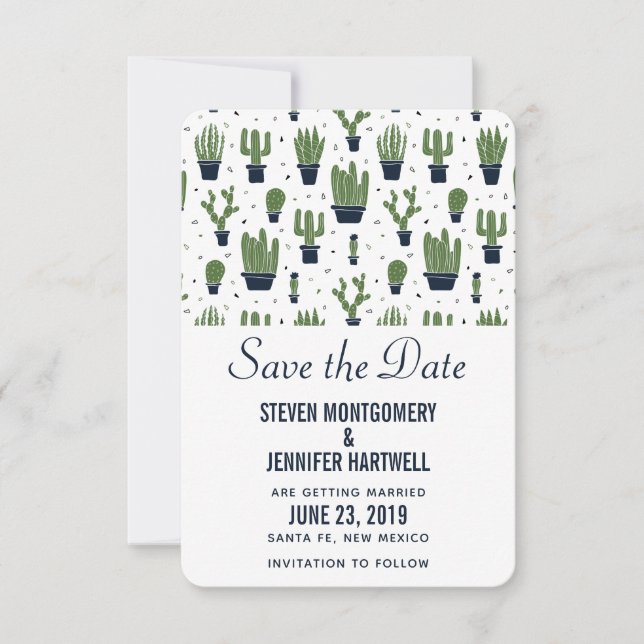 Rustic Green Cactus in Flower Pots Pattern Wedding Save The Date (Front)