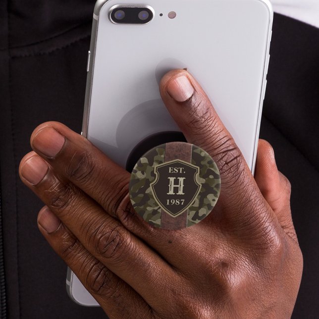 Rustic Green Camouflage & Leather Custom Monogram PopSocket (Creator Uploaded)