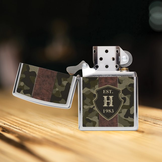 Rustic Green Camouflage & Leather Custom Monogram Zippo Lighter (Creator Uploaded)