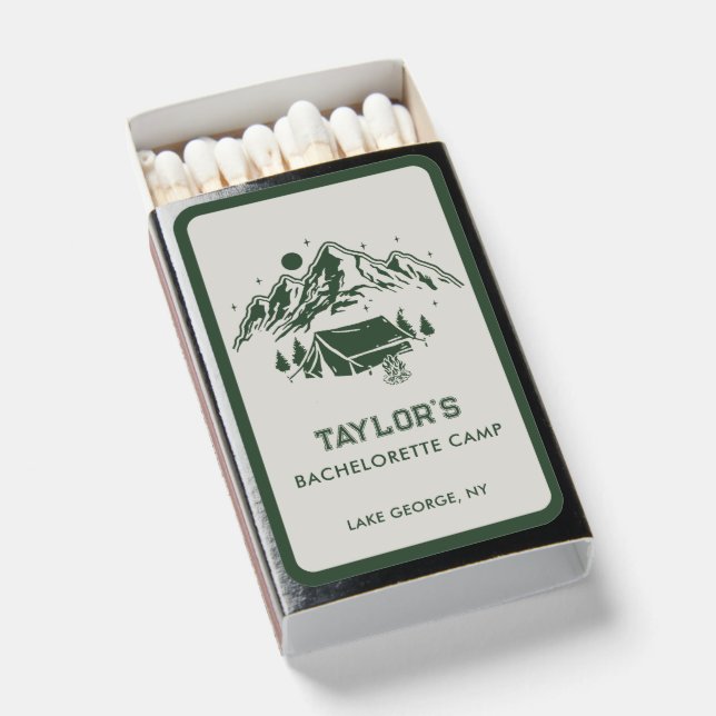 Rustic Green Camp Bachelorette Weekend Matchboxes (Front Open)