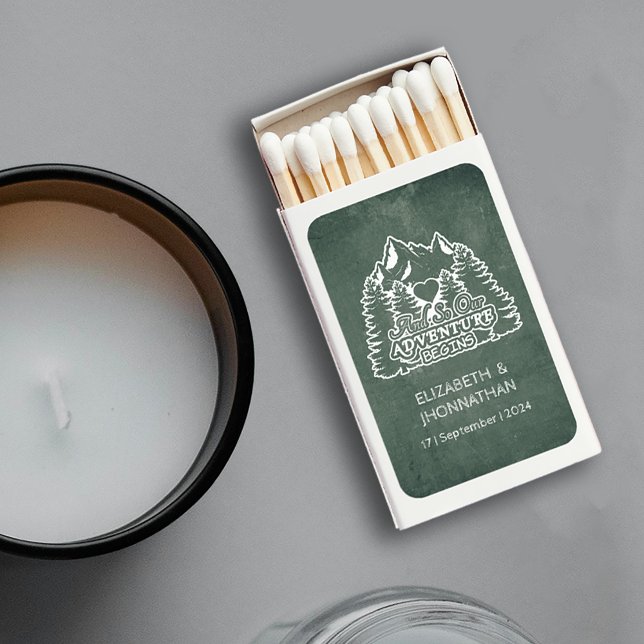 Rustic Green Chalkboard Adventure Begins Weddings Matchboxes (Creator Uploaded)