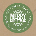 Rustic Green Christmas Circle Return Address Label<br><div class="desc">Affordable custom printed round return address stickers personalized with your family name and return address. This rustic modern holiday design features distressed MERRY CHRISTMAS lettering on a green background. Use the design tools to choose any background color and edit text fonts and colors to further customize your own unique holiday...</div>