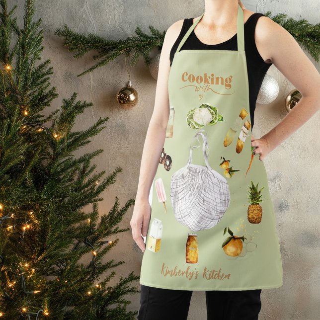 Rustic Green Christmas Gift Grocery Watercolor Apron (Creator Uploaded)