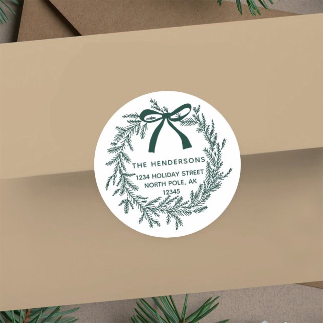 Rustic Green Christmas Pine Wreath Return Address  Classic Round Sticker (Creator Uploaded)