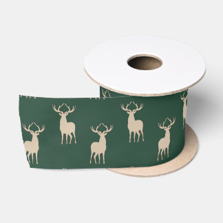 Rustic Green Christmas Reindeer Satin Ribbon