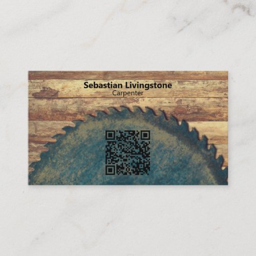 Rustic Green Circular Saw Carpentry QR Code Front  Business Card