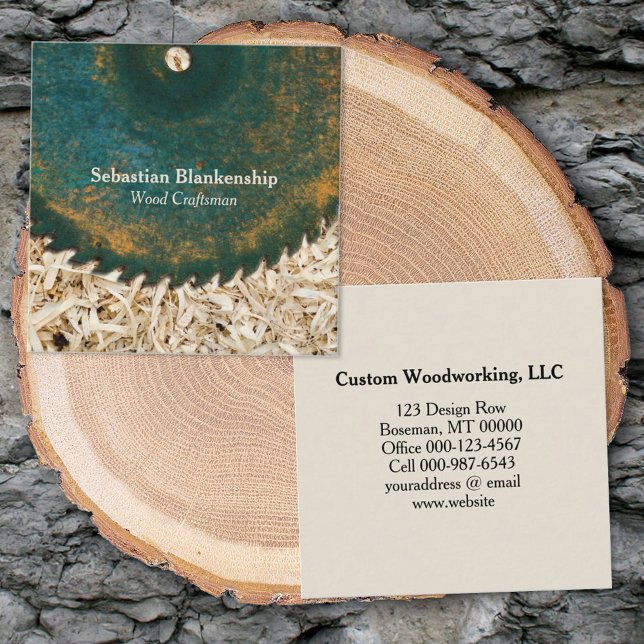 Rustic Green Circular Saw Sawdust Woodworking  Square Business Card (Creator Uploaded)