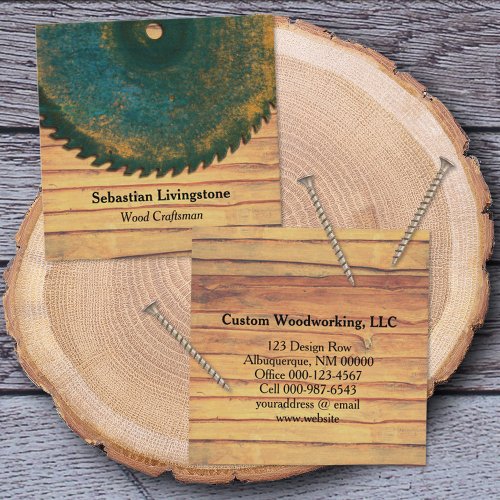 Rustic Green Circular Saw Woodworking Profession Square Business Card