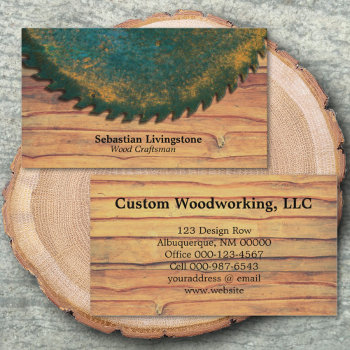 Rustic Green Circular Saw Woodworking Professional Business Card by PaPr_Emporium at Zazzle