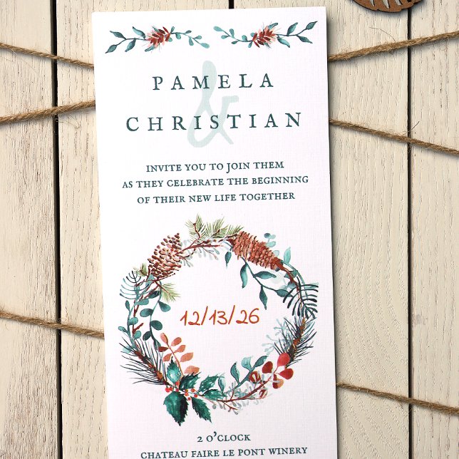 Rustic Green & Copper Winter Wedding Invitation (Winter Pinecones, Eucalyptus Leaves, Pine Needle Wreath Wedding Invitation, Unique Vertical Design)