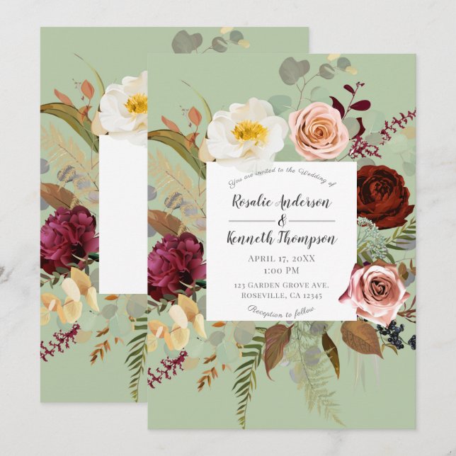 Rustic Green Country Floral Bloom Wedding Invitation (Front/Back)