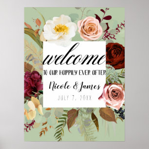 Rustic Green Country Floral Bloom Wedding Welcome Poster